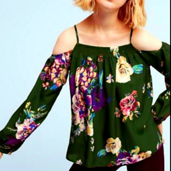 Anthropologie Tops - Anthropologie Maeve Floral Tallie Cold Shoulder Silk Blouse Womens XS Green 90s
